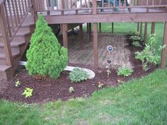 a small garden in the middle of a yard with stairs leading up to an upper level deck