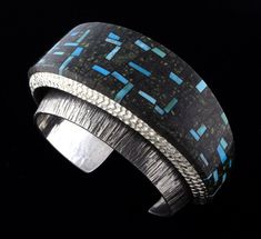 Navajo Double-Stacked Inlay Bracelet - STB#1838 | Iconic Sterling Silver Ingot Double-Stacked Bracelet With A Striking And Unusual Inlay Design Of All Natural Stones Consisting Of Unikite, Cripple Creek Turquoise And Acoma Jet.  The Natural Unikite Stone, Not Typically Found In Native American Jewelry, Was Collected By The Artist From A Riverbed Located Near Phoenix, Arizona.  Masterfully Handmade And Designed By Navajo Artist ALVIN YELLOWHORSE.   In General, Natural or Non-Treated Turquoise ... Pottery Ring, Silver Ingot, Cripple Creek, Inlay Design, Natural Turquoise Stone, American Indian Jewelry, Stone Inlay, Phoenix Arizona, American Jewelry