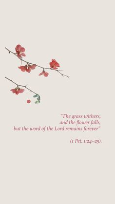 a pink flower on a branch with a bible verse written below it in red ink