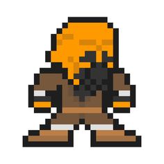 an image of a pixel art style character in yellow and black clothing with his head tilted to the side