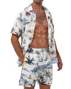 PRICES MAY VARY. Beach Vacation Essential: This Hawaiian shirt and shorts set signals the beginning of vacation! The all-over tropical floral print is sure to catch eyes. The pairing of summer casual shirt and shorts is simple yet classic, saving you time in outfit selection.They can also be paired with sunglasses for a stylish casual look or with sandals and a sun hat for beachwear. Soft Breathable Fabric: Made of polyester fabric, extremely lightweight, cool, comfortable, and breathable fabric Hawaiian Shorts For Beach Vacation, Hawaiian Shorts For Beach Season Vacation, Hawaiian Shorts For Spring Beach Party, Hawaiian Style Shorts For Beach Vacation, Hawaiian Shorts For Beach Party In Spring, Hawaiian Style Shorts For Spring Beach Party, Printed Shorts For Beach Vacation, Hawaiian Style Shorts For Summer Vacation, Hawaiian Beach Shorts For Summer