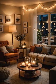 a living room filled with furniture and candles