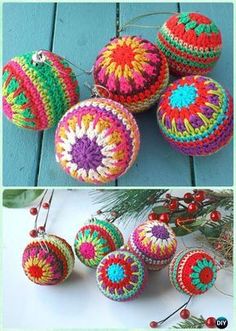 crocheted ornaments are displayed on a table and in the same color as they appear