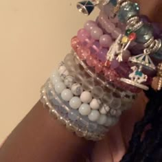 Lots Of Bracelets, Race Aesthetic, Pandora Bracelet Charms Ideas, Girly Bracelets, Colorful Bead Bracelets, Dope Jewelry Accessories, Crystal Bead Jewelry, Wrist Jewelry, Bead Charms Diy