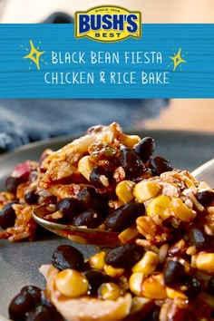 black bean fiesta chicken and rice bake on a plate with a spoon in it