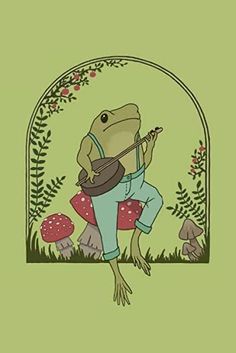 a frog that is playing the violin in front of some mushrooms and plants on a green background