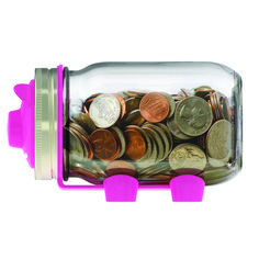 a jar filled with lots of coins on top of a white surface and pink handles