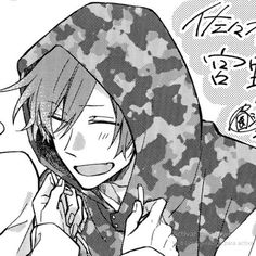 an anime character with black and white hair, wearing a camouflage print hoodie while talking on the phone