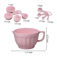 the measuring cup and measuring spoons are shown with measurements for each item in this image