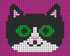 a black and white cat with green eyes on a pink background is featured in this cross stitch pattern