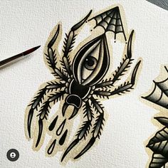 a drawing of a spider with eyes and leaves