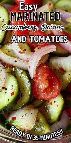 Marinated Cucumbers Onions And Tomatoes, Cucumbers Onions And Tomatoes, Cucumber Onion Salad, Tomato And Onion Salad, Onions And Tomatoes, Marinated Cucumbers, Marinated Vegetables, Marinated Tomatoes, Tomato Salad Recipes