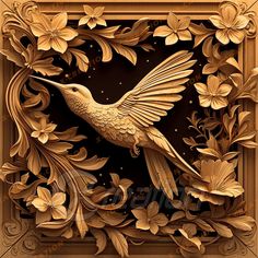 an intricately carved wooden frame with a bird and flowers in the center on a black background