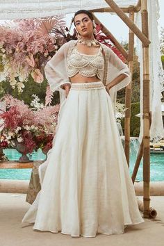 Shop for Ridhima Bhasin White Organza Embroidered Lehenga Set for Women Online at Aza Fashions Lehenga White, Ivory Lehenga, Ridhima Bhasin, Crop Top Lehenga, White Lehenga, Organza Embroidery, Lehenga Designs Simple, Indian Party Wear, Organza Skirt