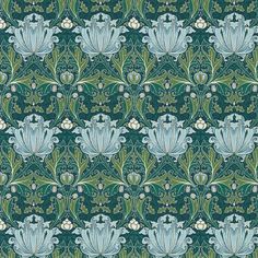 a green and blue wallpaper with flowers on it