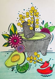 a drawing of a potted plant with flowers and avocado on the side