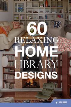 a living room filled with furniture and bookshelves next to a fire place in front of a fireplace