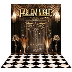 a black and white checkerboard floor with gold decorations on it, and the words harlem nights