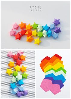 there are many different types of origami pieces on the same page, and one is colorful