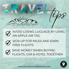 travel tips poster with the words, avoid losing luggage by using an apple airtag