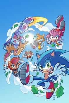 sonic the hedgehog and other cartoon characters are flying through the air with their tails