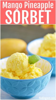 two blue bowls filled with yellow ice cream