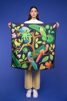 Parrots silk scarf (navy) – Karen Mabon Ltd Luxury Sleepwear, Scarf Silk, Silk Shawl, How To Wear Scarves, Scarf Design, Silk Twill