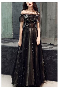 10% off now! dreamy black tulle long party prom dress strapless with stars online. Sheprom offers formal, party, casual & more style dresses to fit your special occasions. Egirl Prom Dresses, Black Starry Dresses, Star Formal Dress, Flowy Star Dress, Black Star Prom Dress, Celestial Witch Dress, Black Bridgerton Dress, Black Starry Dress, Black Fairy Prom Dress