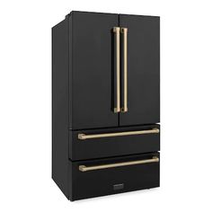 a black refrigerator freezer with two drawers and gold pulls on the bottom, against a white background