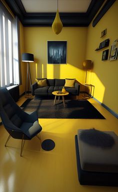 a living room with yellow walls and black furniture