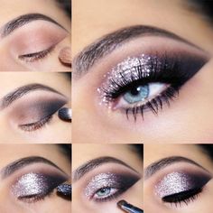 Glitter Eye Makeup Tutorial, Silver Glitter Eye Makeup, Eyeliner Smokey, Eye Makeup Glitter, Almond Eye Makeup, Silver Eye Makeup, Nye Makeup, Glitter Eye Makeup, Glitter Eye