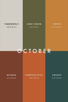 the color scheme for october is shown in different colors and font, including orange, green,