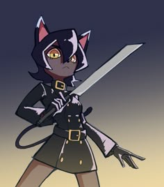 a cartoon character holding a large knife in her hand and wearing an outfit with cat ears