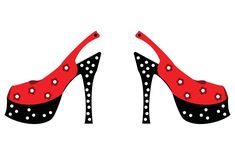 pair of red and black high heel shoes with polka dots on the heels are facing each other