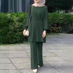 Muslim Women Matching Sets Long Sleeve Solid Color Tops with Belt And Loose Pant Suits Elegant Fashion Casual Tracksuit Kaftan Muslim Outfit, Belt Pants, Color Tops, Pant Suits, Belted Pants