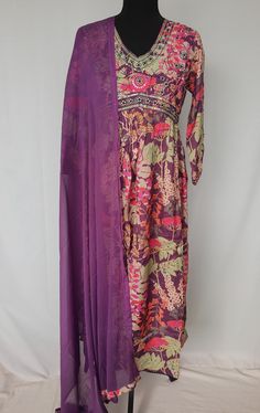 Very soft n comfortable muslin Aila  kurta  set with beautiful floral print. Kurta has floral prints all over, side cut and long sleeves , It has V neck and has embroidery and sequins on the yoke. Color: Purple Pants have elastic on the waist. Soft chinon dupatta with multicolor embroidered border on all sides. Kurti Sets, Purple Pants, Embroidered Border, Dupatta Set, Side Cuts, Kurta With Pants, Kurta Set, Purple Floral, Color Purple