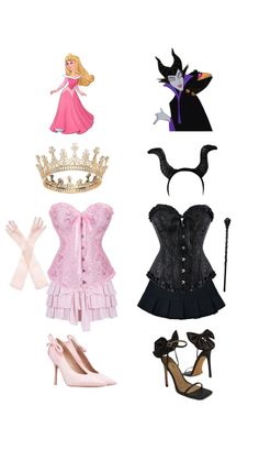 several different types of clothing and shoes for barbie dolls, including dresses, tiara, gloves, heels, purses