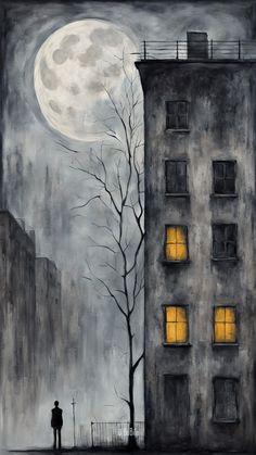 a painting of a man standing in front of a building with the moon behind him