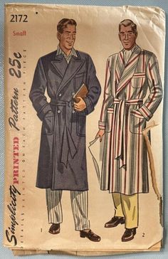 Mens Robe Pattern Simplicity 2172 Size Small 34 36 1940's Vintage Patch Pockets Bathrobe Pattern, Mens Dressing Gown, 1950s Jacket Mens, Cargo Jacket Mens, Mens Sewing Patterns, Blithe Spirit, Green Cargo Jacket, Vintage Pajamas, 1950s Mens