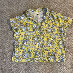 Size Large, Purchase From Target And Never Worn. Fits True To Size Casual Yellow Tops With Floral Print, Casual Mustard Cotton Blouse, Yellow Printed Collared Shirt, Casual Mustard Top With Floral Print, Casual Mustard Tops With Floral Print, Yellow Collared Summer Tops, Yellow Collared Top For Summer, Casual Mustard Floral Print Tops, Mustard Short Sleeve Casual Blouse