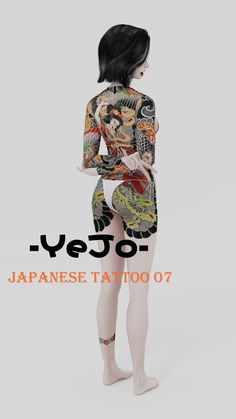 a woman with tattoos on her body standing in front of a white background and the words japanese tattoo o?