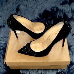 Original Box And Pouch: Black Embellished Christian Louboutin Stilettos Louboutin Shoes, Christian Louboutin Shoes, Shoes Women Heels, Christian Louboutin, Original Box, Shoes Heels, Pouch, Women Shoes, The Originals