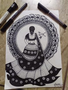 a drawing of a woman in a dress with flowers on it and three markers next to it