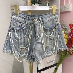 Women's Premium Denim Pearl/Rhinestone Drip Shorts New In Boutique Denim And Diamonds, Denim Shorts Women, High Waisted Shorts Denim, Distressed Denim Shorts, Premium Denim, High Waisted Denim, Jeans Shorts, High Waisted Shorts, Wide Leg Jeans