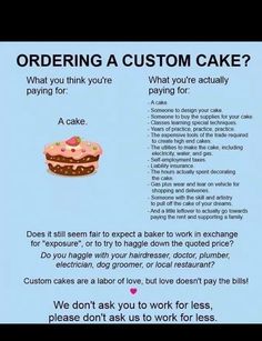 an advertisement for a cake making business with the caption ordering a custom cake? what you're paying for?