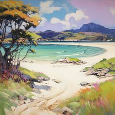 an oil painting of a beach with trees and flowers on the sand, water and mountains in the background