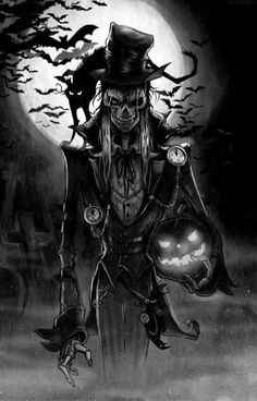 a drawing of a skeleton wearing a top hat and holding a pumpkin