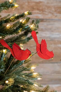 two red birds sitting on top of a christmas tree