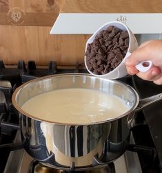 a person holding a measuring spoon over a pan filled with milk and chocolate chips