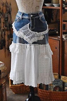 Up-cycled Apt 9, Blue Denim Jean Skirt, White Eyelet, Lace, Rodeo, Western Wedding, Coastal Cowgirl, Festival, Event - Etsy Fitted White Denim Skirt, Fitted Dark Wash Denim Skirt With Ruffles, Fitted Denim Bottoms With Lace Trim, Denim Blue Fitted Bohemian Skirt, Fitted Bohemian Denim Blue Skirt, Cowgirl Festival, Wedding Coastal, Denim Jean Skirt, Coastal Cowgirl